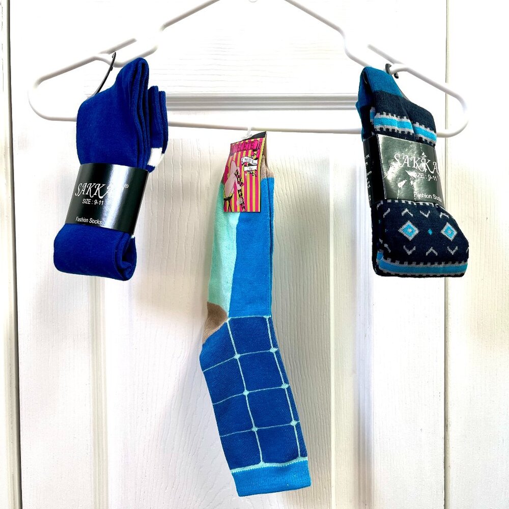 NEW LADIES SIZE 9-11 SAKKAS FASHION SOCKS SET OF 3 MIDCALF BLUE DESIGNS